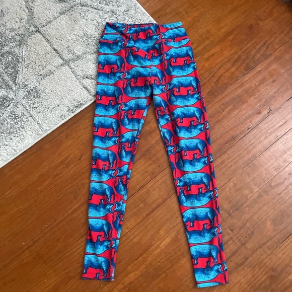 LuLaRoe OS One Size Blue Red Pig Hog Leggings - Picture 2 of 5